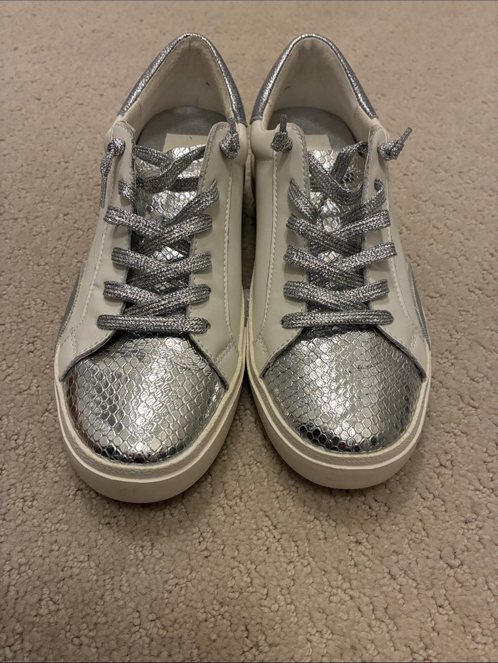Dolce Vita Zina Metallic Silver & White Snake-Embossed Sneakers - Size 7 👵MT